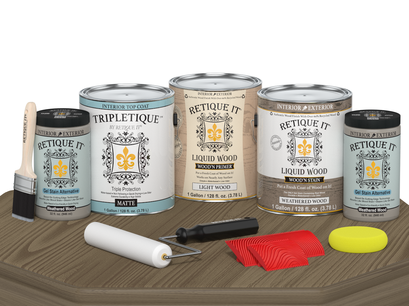 Retique It® Wood'n Finish Kit with four weathered wood interior top coats, matte finish, shown on a wooden table surface.