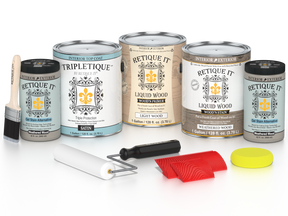 Retique It® Wood'n Finish Kit in weathered wood, satin top coat, with four large containers for multi-purpose wood finishing.