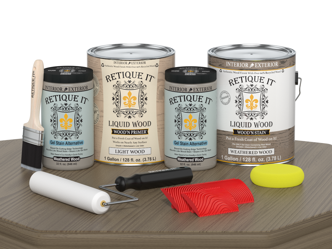 Weathered Wood Retique It® Wood'n Finish Kit with four large containers, ideal for multi-purpose wood refinishing projects.