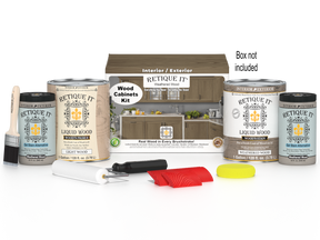 Weathered Wood stain kit by Retique It® for wood cabinets, featuring 48 grain door samples and staining options.