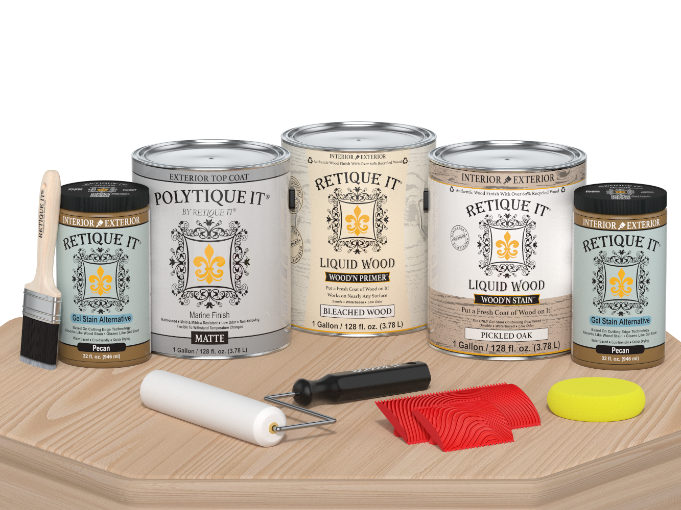 Retique It® Wood'n Finish Kit in Oak with matte finish, shown on a table, highlighting easy application and natural wood look.