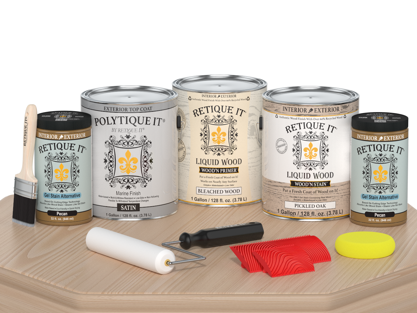 Retique It® Wood'n Finish Kit with satin finish featuring a light oak color, displayed on a wooden table.