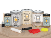 Retique It Wood'n Finish Kit with satin finish featuring a light oak color, displayed on a wooden table.