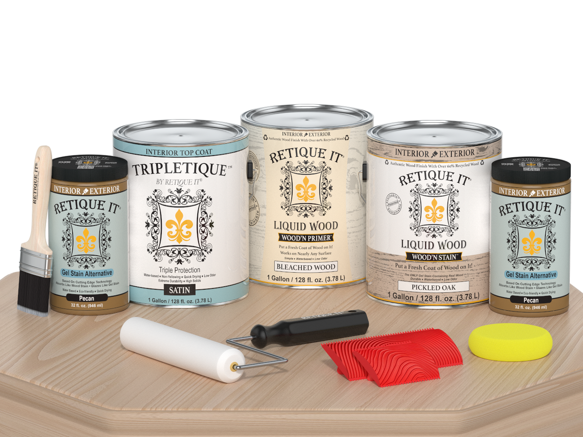 Retique It Wood'n Finish Kit in Oak with satin finish, shown on a table, designed for wood finishing projects.