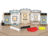 Retique It Wood'n Finish Kit in Oak with satin finish, shown on a table, designed for wood finishing projects.