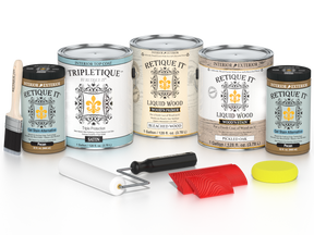 Retique It® Wood'n Finish Kit in White Oak with satin top coat, includes four large multi-purpose wood finishing products.