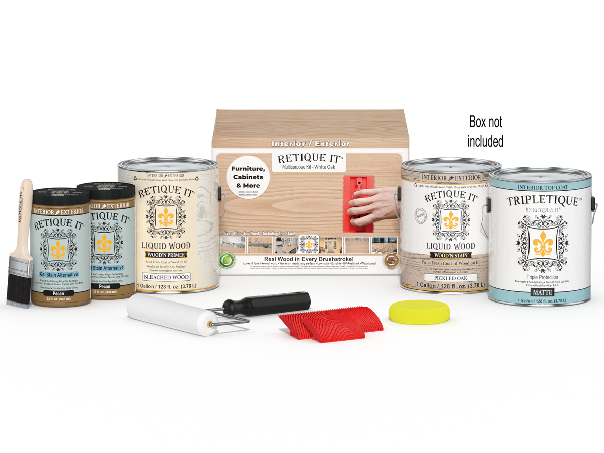 Retique It® Wood'n Finish Kit in Walnut Oak with brush and supplies for wood finishing and furniture restoration.