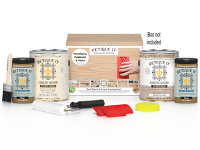 Multi-purpose Wood'n Kit in white oak finish by Retique It® with four large wood finishing products and a storage box.