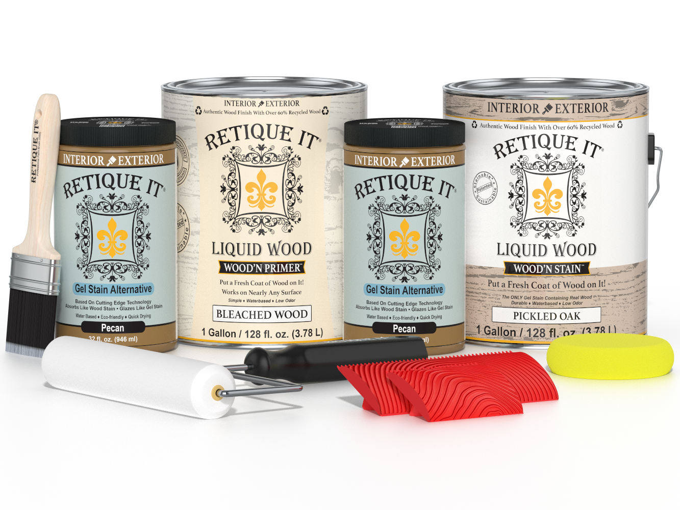 Retique It® Wood'n Finish Kit in White Oak with four large containers, featuring wood finish products for multi-purpose woodworking projects.
