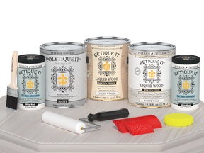 Retique It® Wood'n Finish Kit in White Wash, exterior top coat with four large containers, matte finish for wood surfaces.