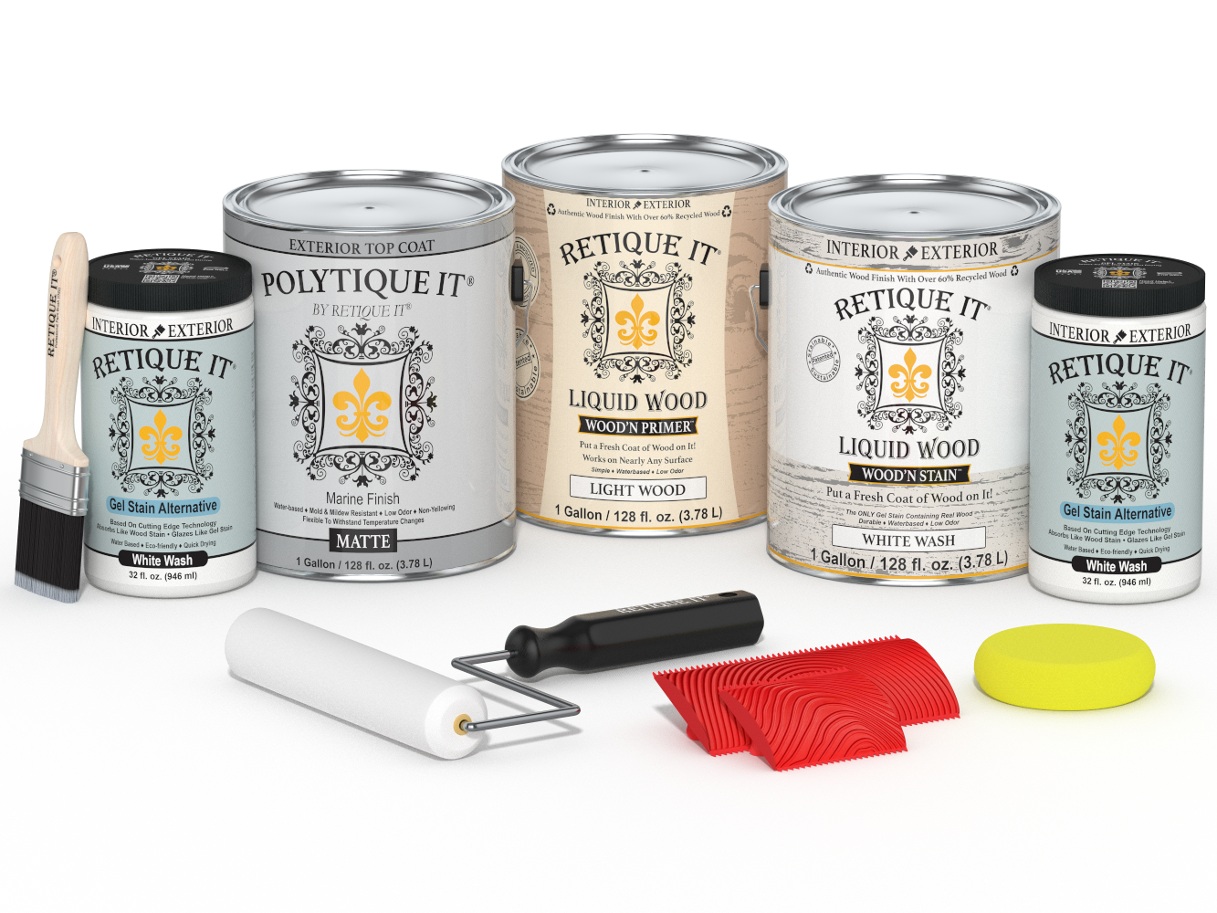 Retique It® Wood'n Finish Kit in White Wash, multi-purpose exterior top coat with four large containers, matte finish, for wood surfaces.