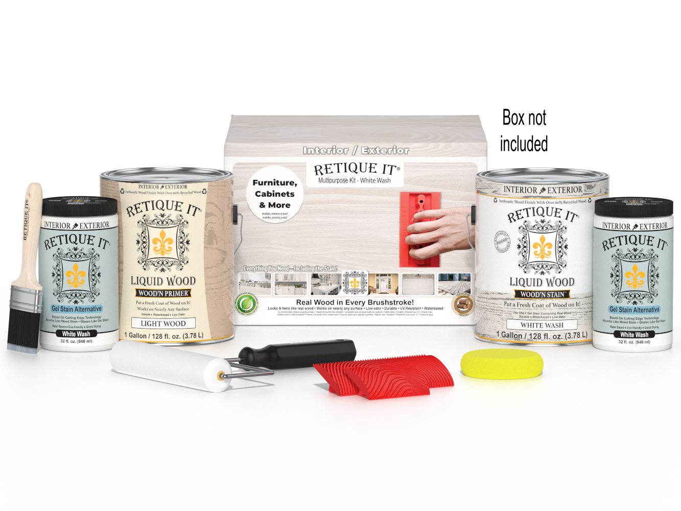 Retique It® Wood'n Finish Kit in White Wash, multi-purpose wood finishing kit with four large containers, shown with packaging.