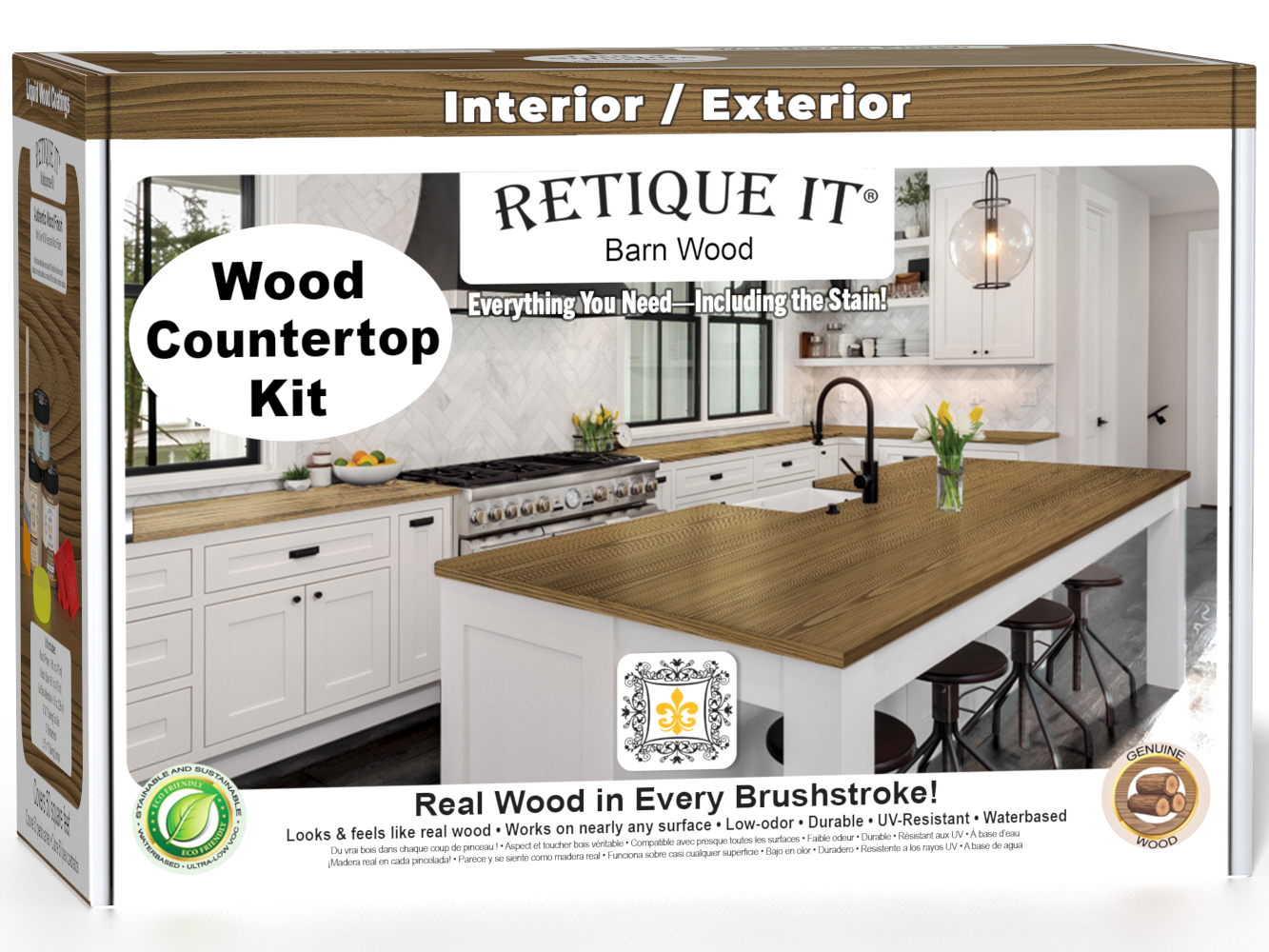 Modern walnut kitchen island countertop kit by Retique It® with stain finish, shown in a 3D boxed view.