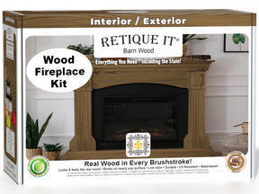 Retique It® Walnut fireplace wood finish kit for full fireplace, featuring stain and finishing tools in a box.