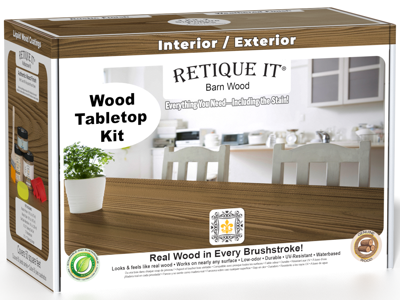 Retique It® Wood'n Finish Kit for tabletops in modern walnut, featuring stain bottles and finishing tools in the kit.