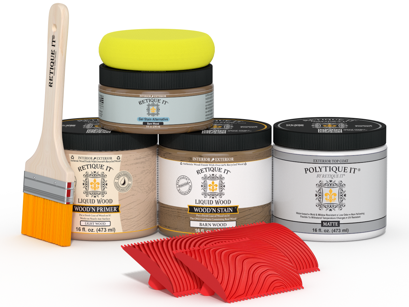 Retique It Wood'n Kit (Med) in Barn Wood finish with exterior topcoat, featuring wood stain and sealing components for outdoor projects.