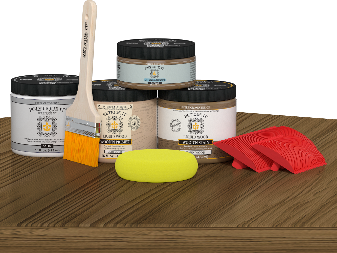 Retique It Multi-purpose Wood'n Kit (Med) in barn wood finish with exterior topcoat, displayed on a table.