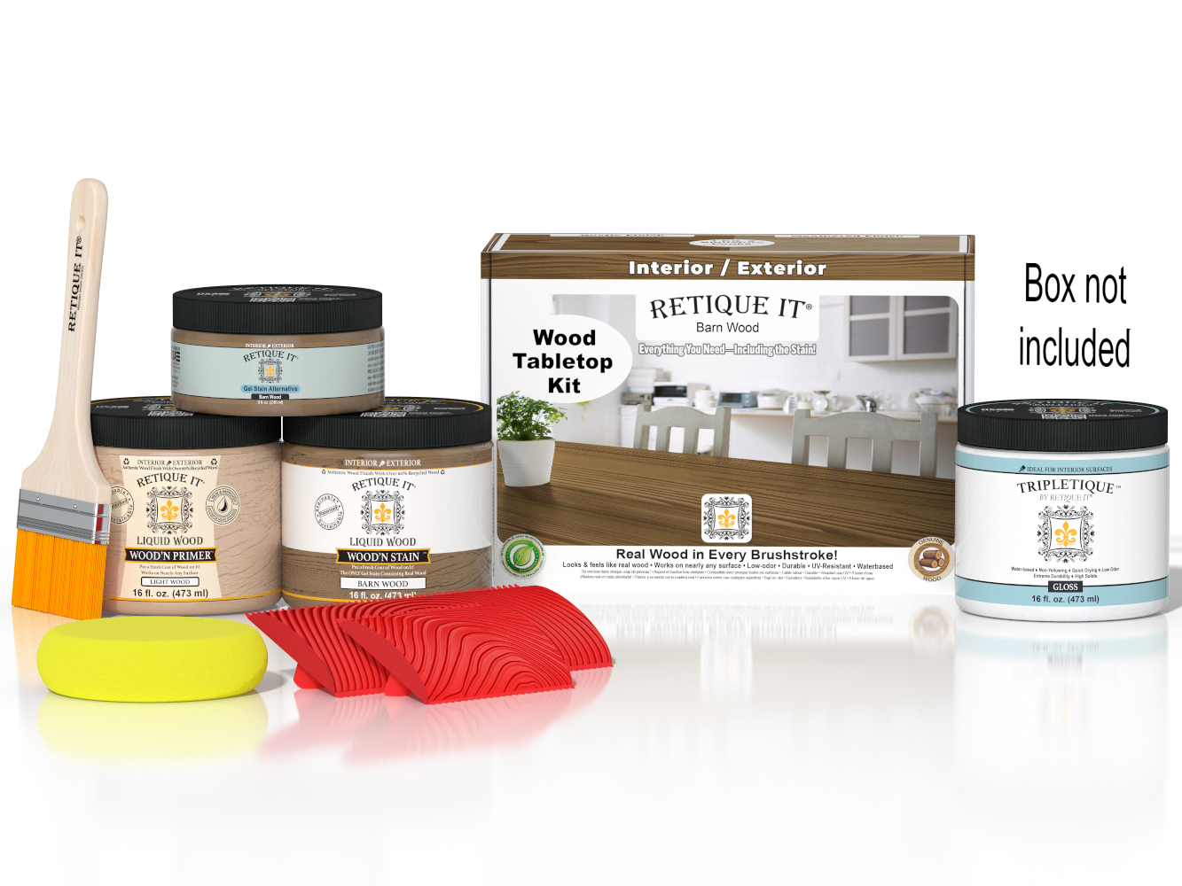 Retique It® Wood'n Finish Kit for tabletops, modern walnut stain, double size, includes wood stain and finishing supplies.