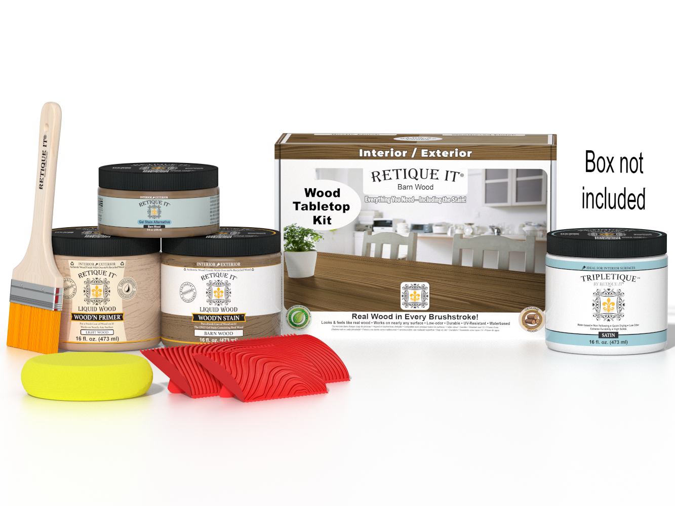 Retique It® Wood'n Finish Kit in modern walnut stain, featuring a double-sized set of wood stains for tabletops and woodworking projects.