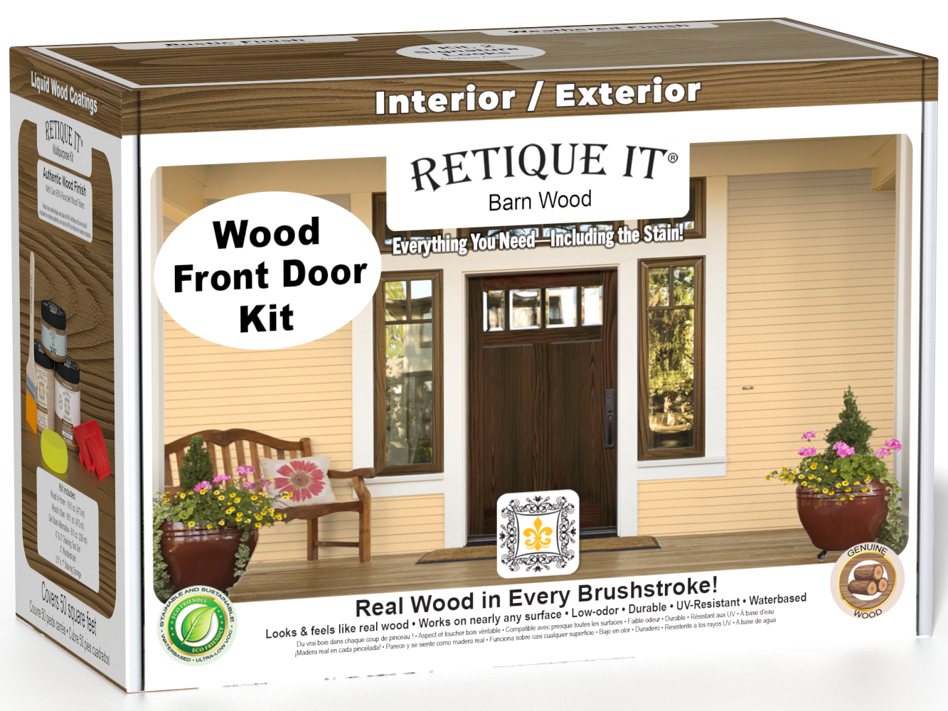 Retique It Wood'n Finish Front Door Kit in Barn Wood stain showing a finished wooden door with barn wood texture and natural grain details.