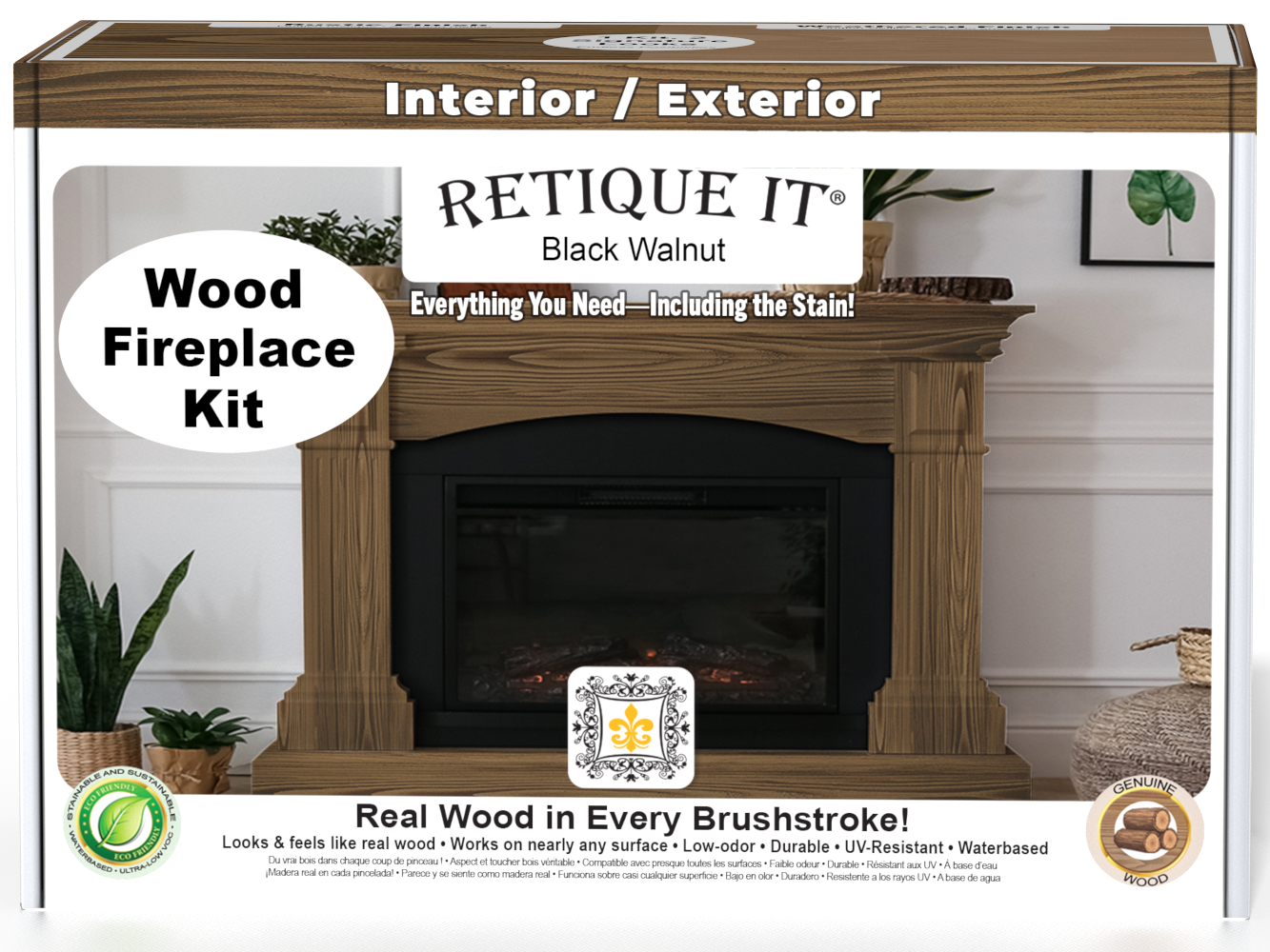 Retique It® Fireplace Wood'n Finish Kit in Black Walnut stain, full fireplace kit with stain containers and application tools.