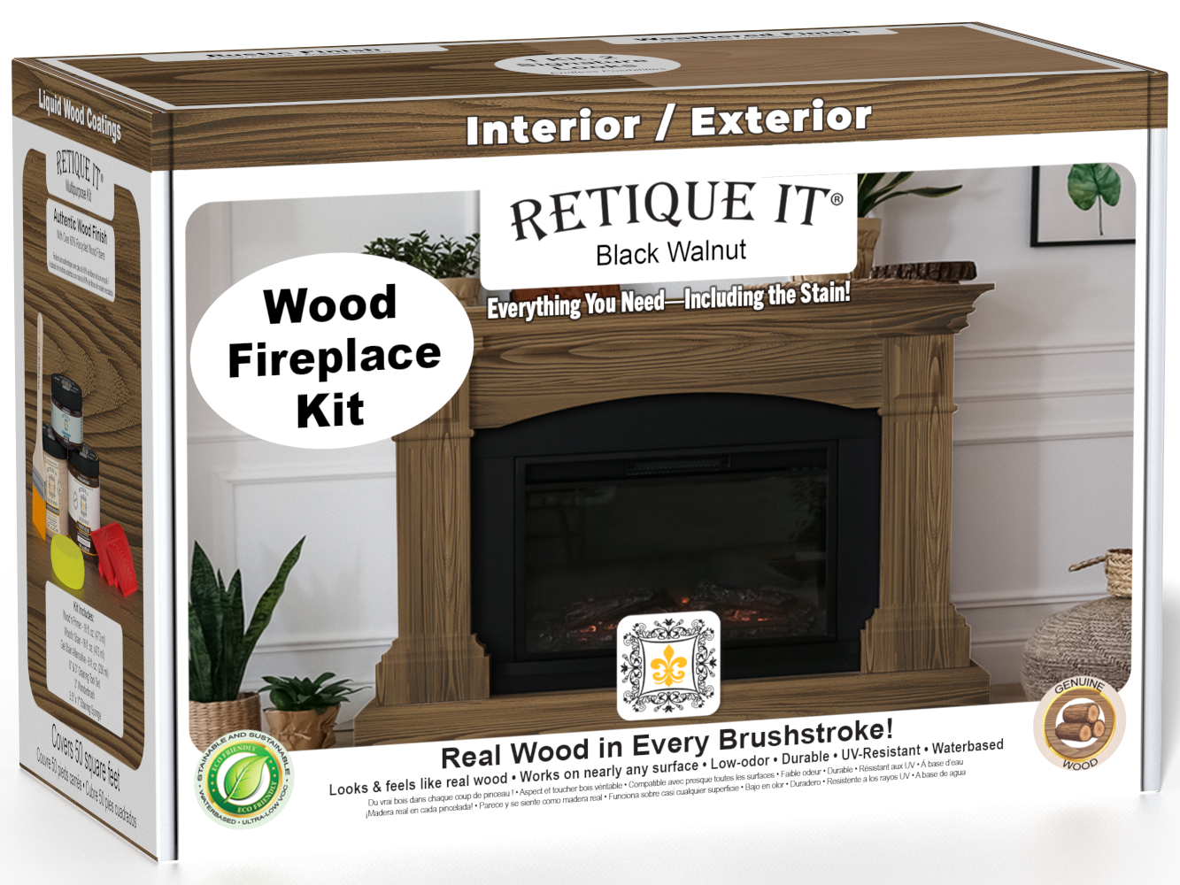 Retique It® Fireplace Wood'n Finish Kit in Black Walnut stain, featuring a full fireplace with stain bottles and application tools.