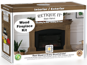 Retique It® Fireplace Wood'n Finish Kit in Black Walnut stain, featuring a full fireplace with stain bottles and application tools.