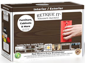 Retique It® Wood'n Finish Kit in Black Walnut for interior top coating, featuring multiple wood finishing tools and supplies.