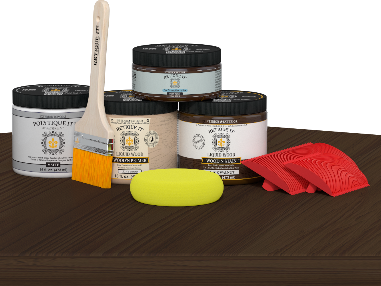 Retique It® Wood'n Finish Kit in Black Walnut for exterior wood projects, featuring a top coat and application tools on a table.