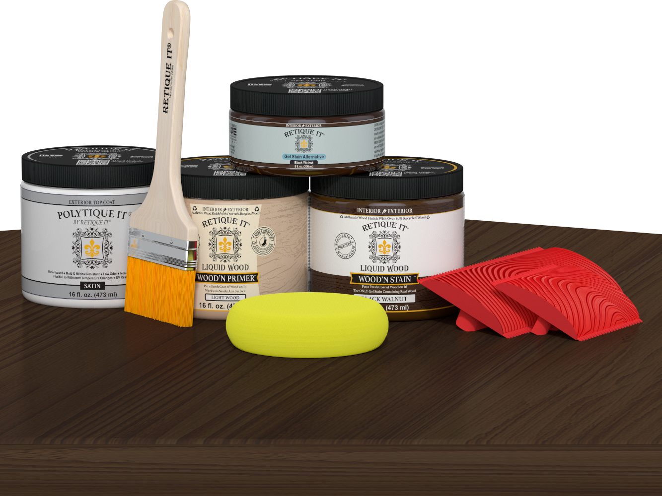 Retique It® Wood'n Kit in black walnut finish with exterior top coat, displayed on a table for multi-purpose wood finishing.