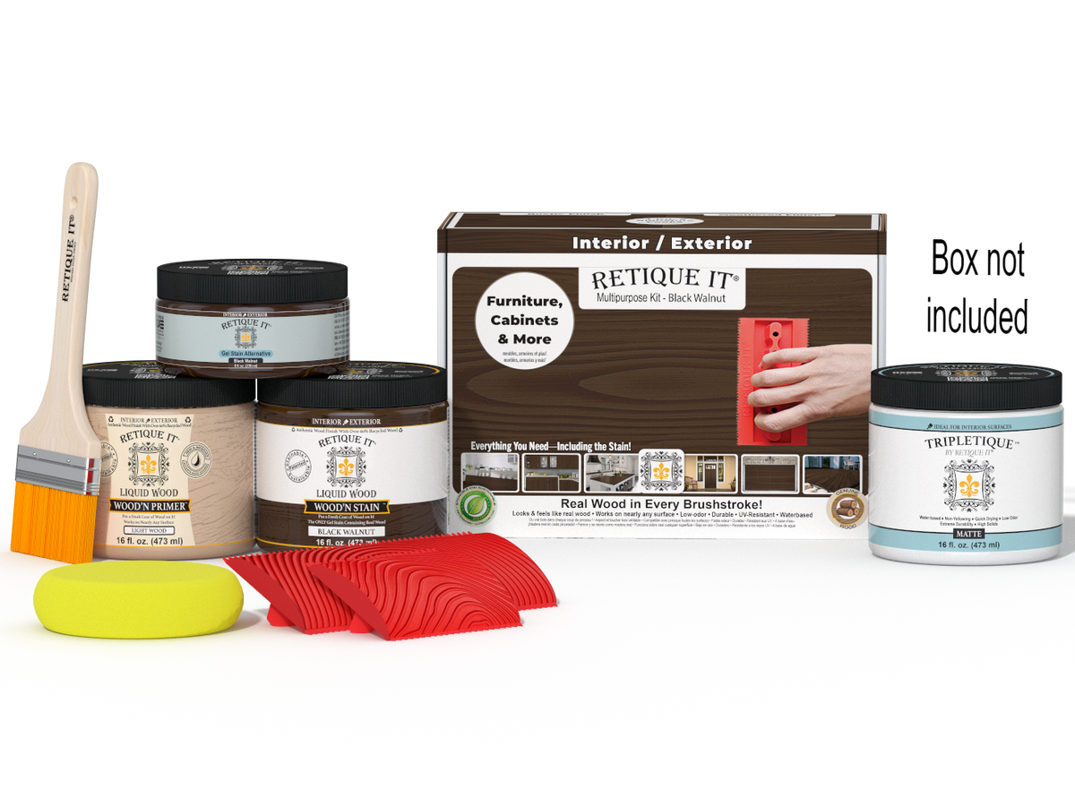 Retique It® Wood'n Finish Kit in Black Walnut for interior wood projects, featuring a top coat and application tools.