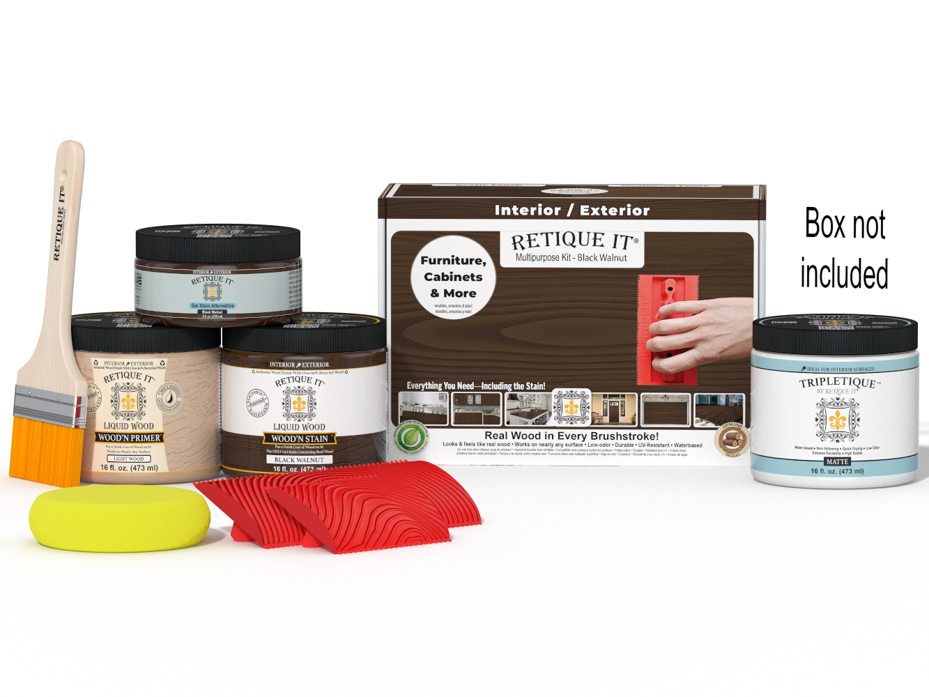 Retique It® Wood'n Finish Kit in Black Walnut for interior wood projects, featuring a top coat and application tools.