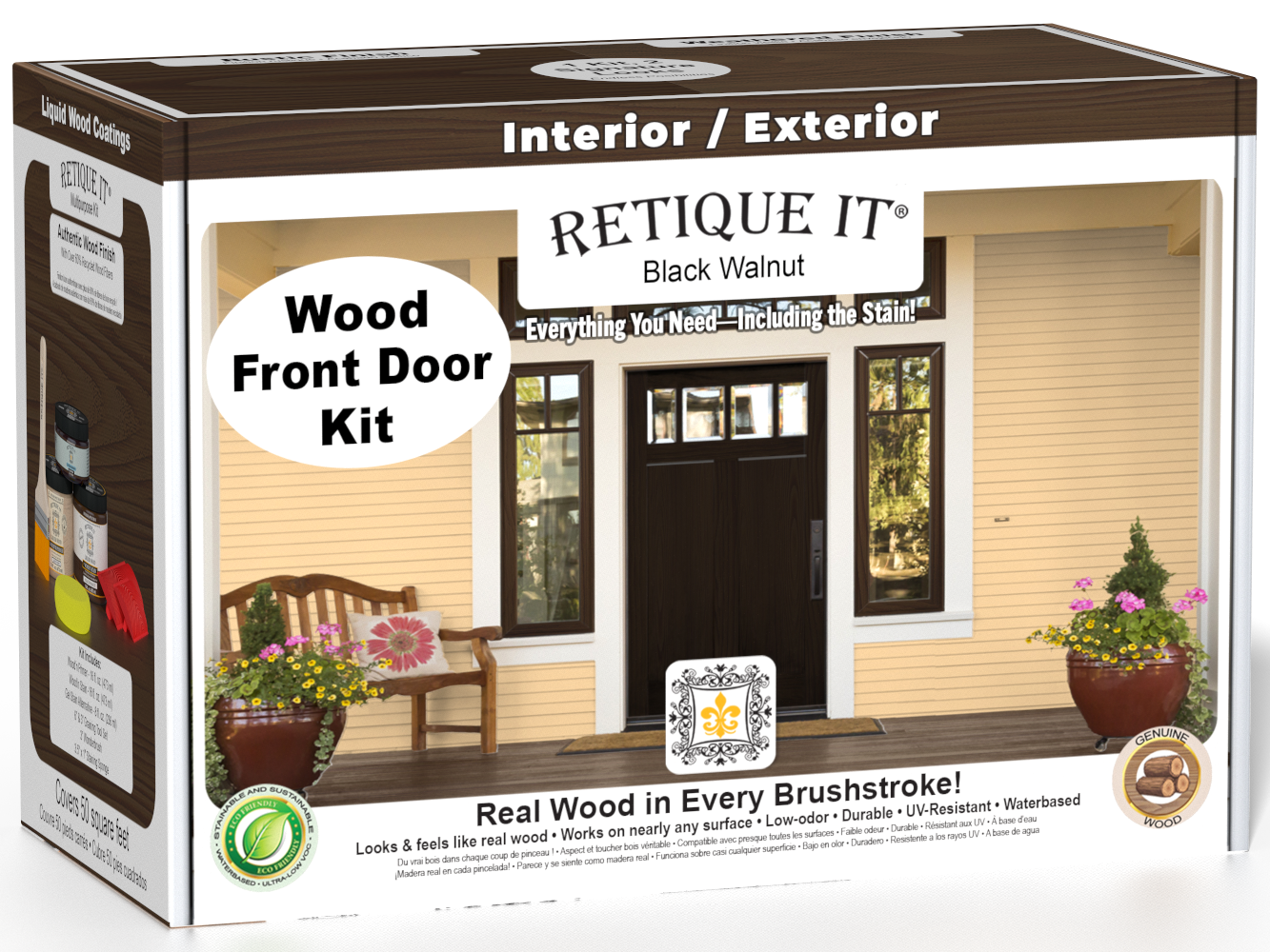 Retique It Wood'n Finish Front Door Kit in Black Walnut stain, featuring wood stain bottles and application tools for door finishing.