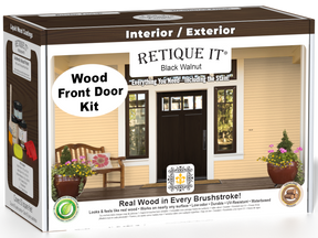 Retique It Wood'n Finish Front Door Kit in Black Walnut stain, featuring wood stain bottles and application tools for door finishing.