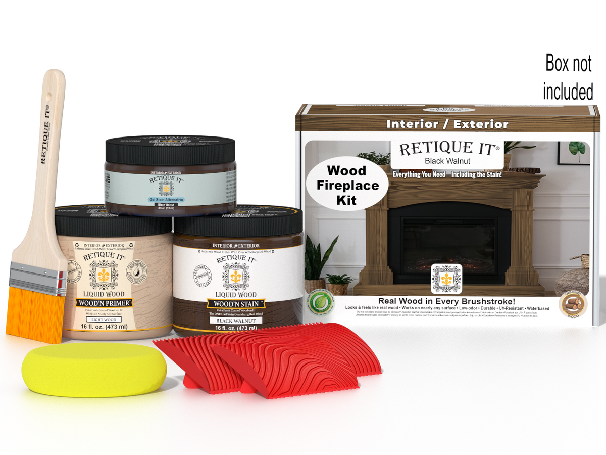 Retique It® Fireplace Wood'n Finish Kit in Black Walnut stain, showcasing a full fireplace with dark wood finish and stain application.