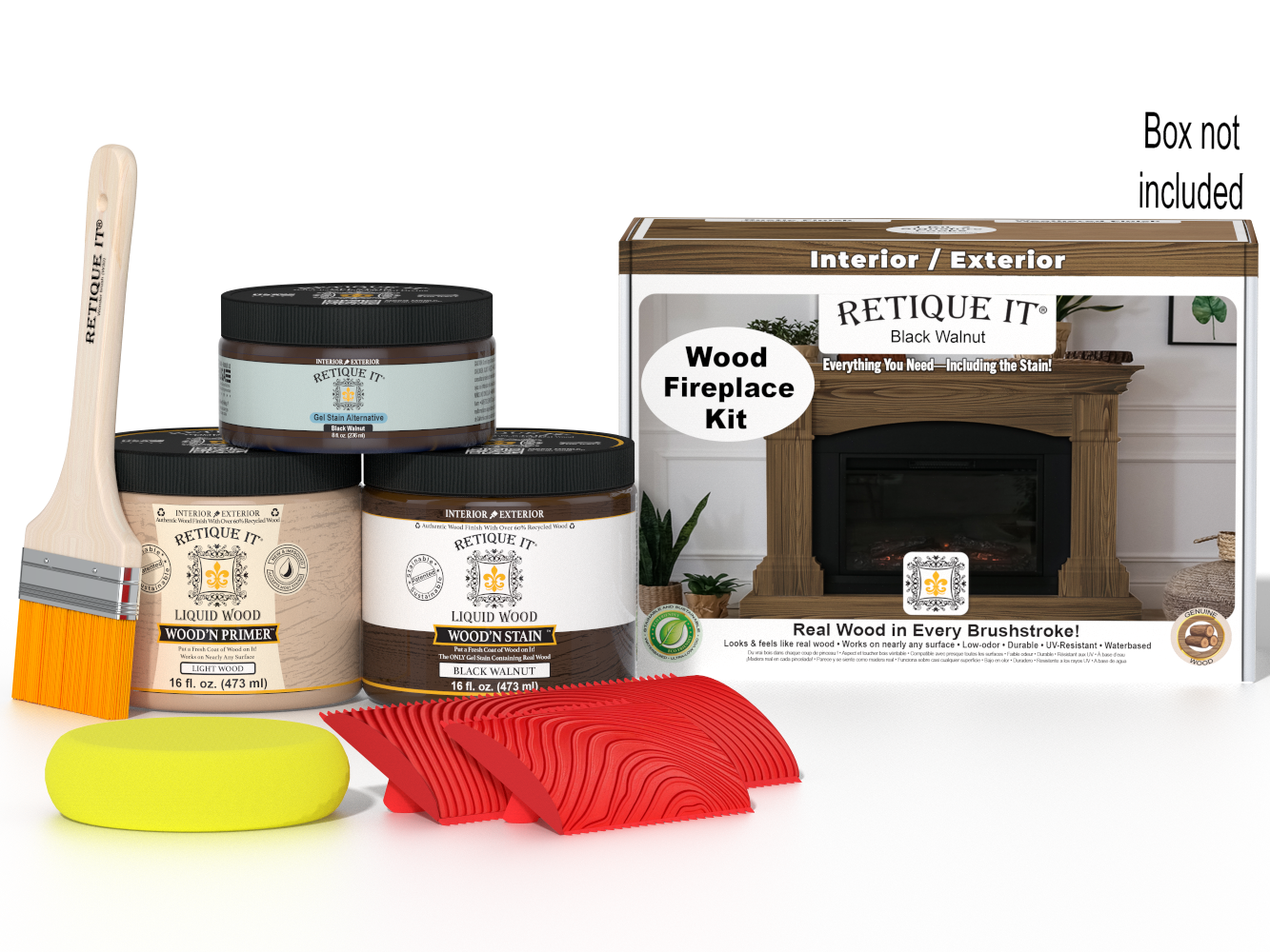 Retique It® Fireplace Wood'n Finish Kit in Black Walnut stain, showcasing a full fireplace with dark wood finish and stain application.