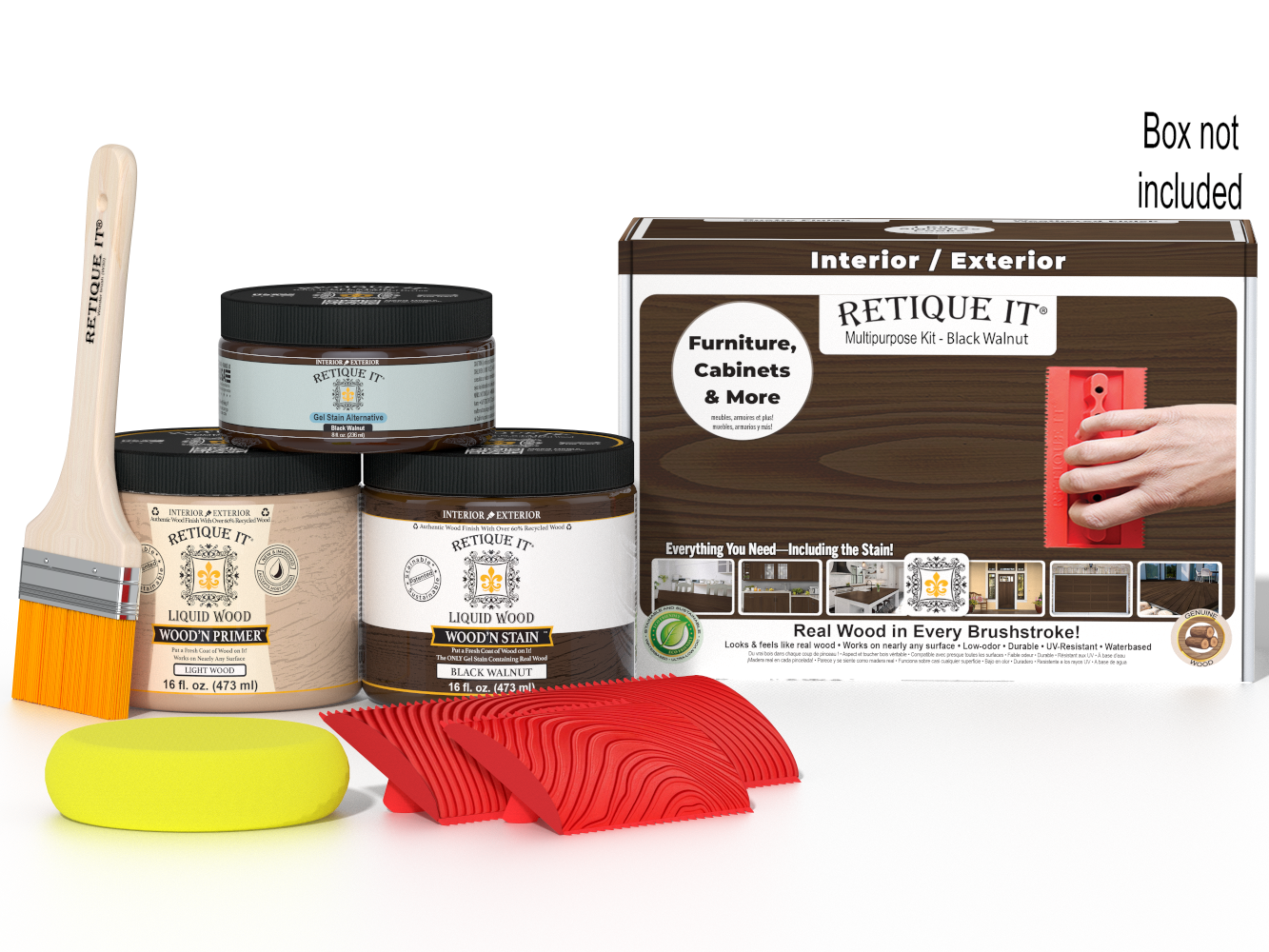 Black Walnut Wood'n Finish Kit by Retique It® in medium size, includes wood finish products and application tools with box.