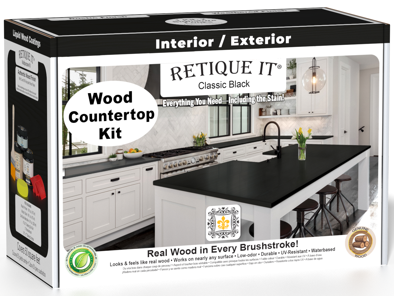 Retique It® black countertop kit for kitchen island, includes stain products, designed for easy application and durable finish.