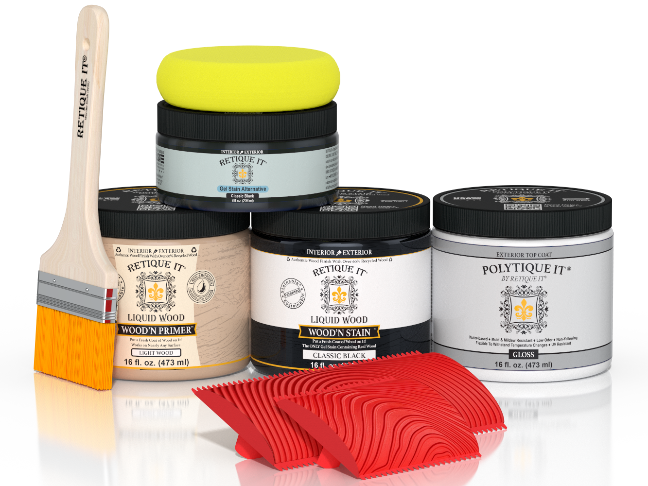 Retique It® Multi-purpose Smooth Finish Kit in classic black for wood exterior top coat, includes wood finish and application tools.