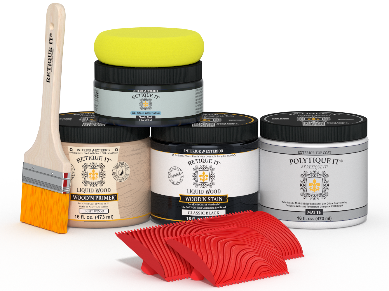 Retique It® Multi-purpose Smooth Finish Kit in classic black for wood exterior top coat, includes application tools and matte finish.