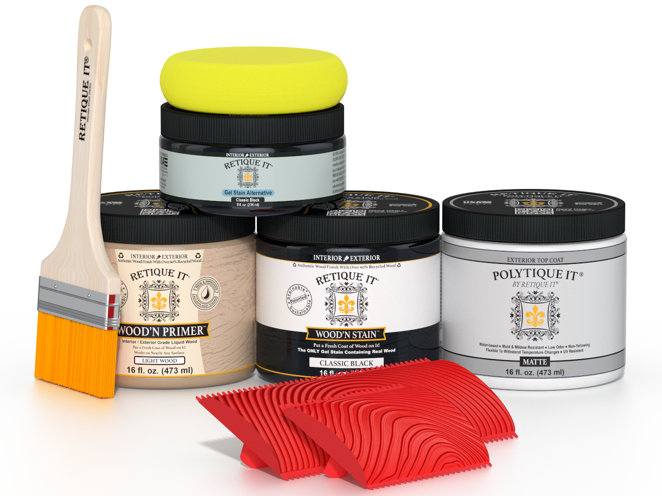 Retique It® Wood'n Kit in classic black for exterior wood finishing, includes top coat and application tools.