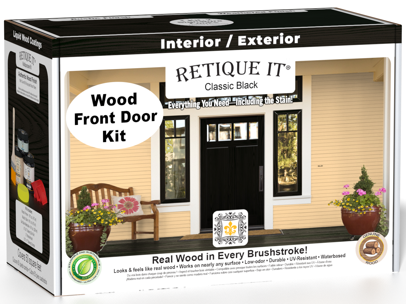 Retique It Wood'n Finish Front Door Kit in classic black stain, featuring a sleek, black wood door with a smooth finish.