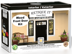Retique It Wood'n Finish Front Door Kit in classic black stain, featuring a sleek, black wood door with a smooth finish.
