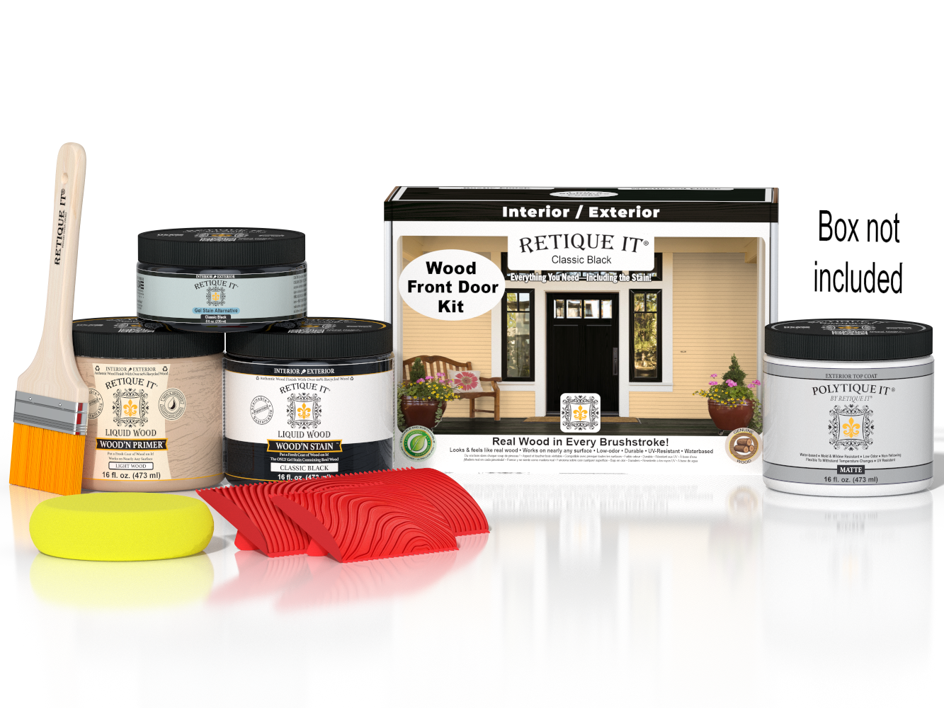 Retique It Wood'n Finish Front Door Kit in Classic Black, featuring stain products and a door sample with packaging.