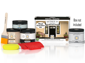 Retique It Wood'n Finish Front Door Kit in Classic Black, featuring stain products and a door sample with packaging.