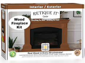 Retique It Cedar Fireplace Wood'n Finish Kit with stain, including wood finishing tools, shown in a box for full fireplace application.