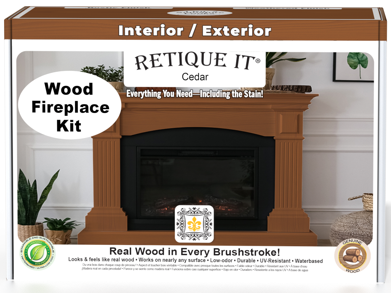Retique It Cedar Fireplace Wood'n Finish Kit showing stain application on a full fireplace with wood grain detail.