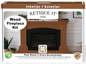 Retique It Cedar Fireplace Wood'n Finish Kit showing stain application on a full fireplace with wood grain detail.