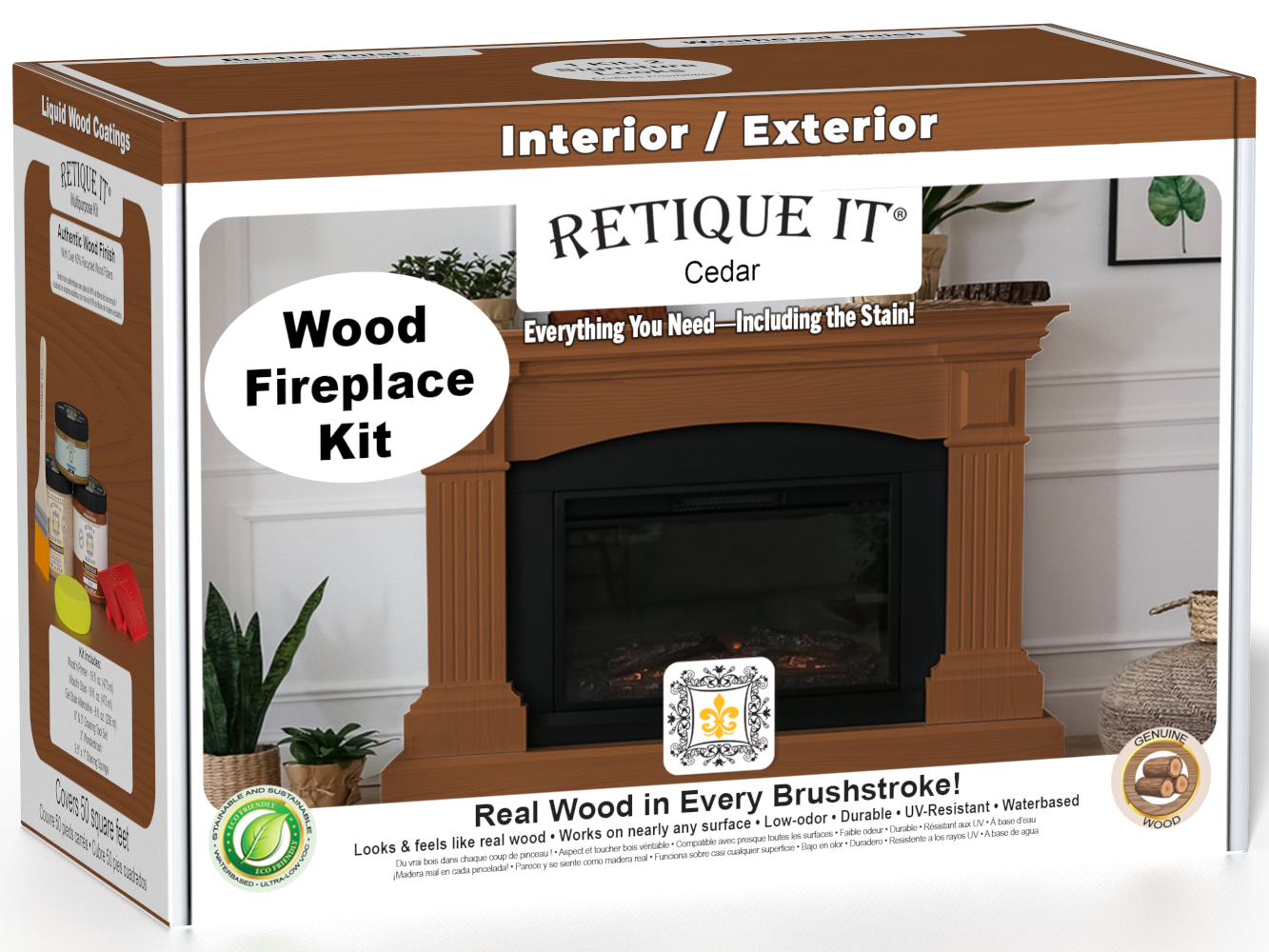 Retique It® Cedar Fireplace Wood'n Finish Kit with stain, featuring a full fireplace with wood accents and finishing supplies