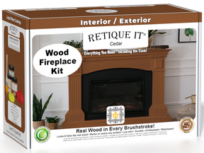 Retique It® Cedar Fireplace Wood'n Finish Kit with stain, featuring a full fireplace with wood accents and finishing supplies